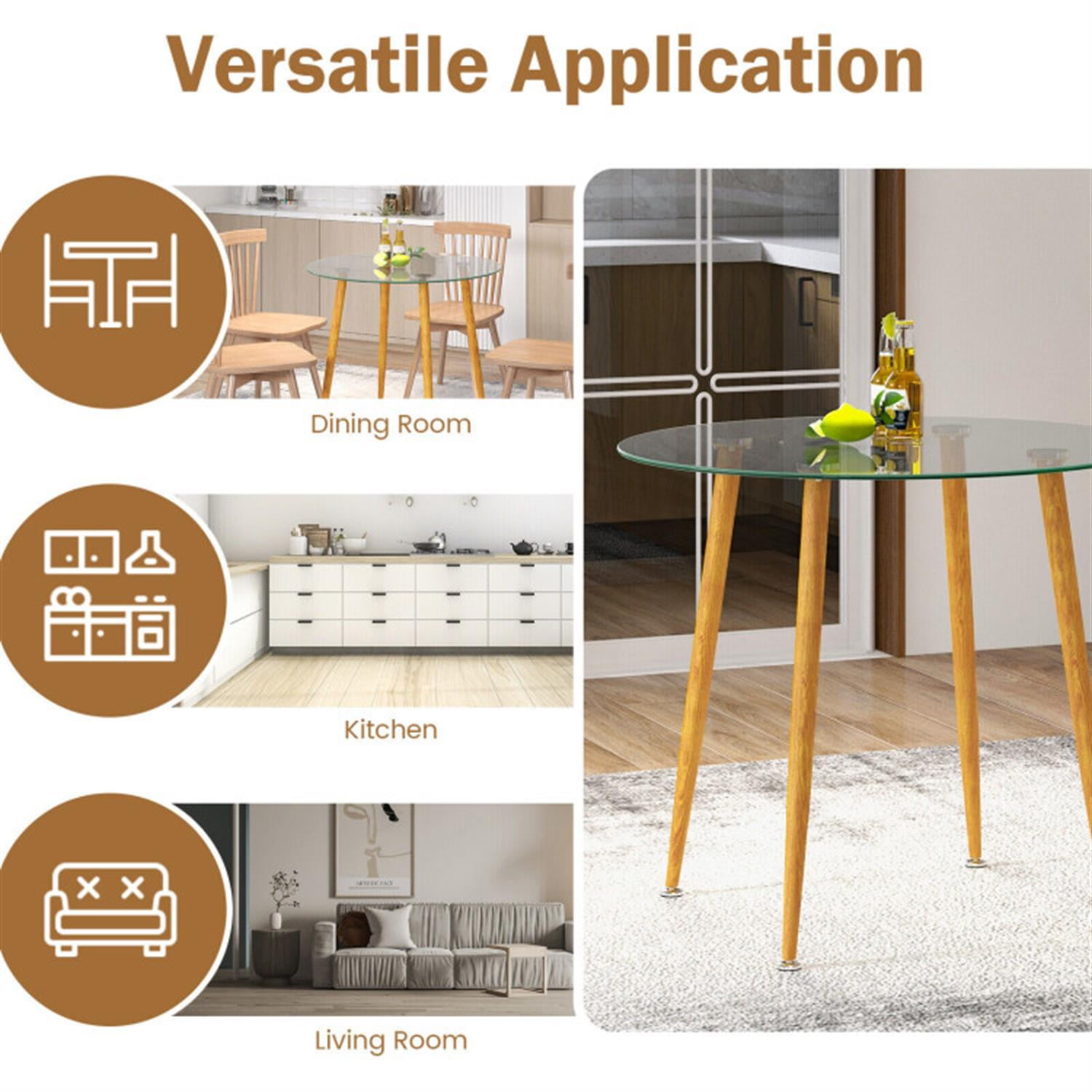 Demi Bonn Round Glass Dining Table Leisure Coffee Table with Metal Legs for Dining Room, Dinette, Compact Space-Saving, Natural