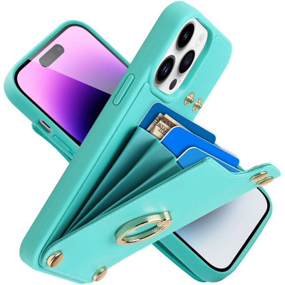 ANTHOUSE Compatible with iPhone 14 Pro Wallet Case 6.1'', Leather Case with Card Holder, 360°Rotation Ring Stand, RFID Blocking Snap Button Protective Case Designed for Apple iPhone 14 Pro Beige (2022