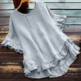 thumbnail image 6 of MIXUE Womens Summer Tops Summer Solid Color Linen Loose Fit Ruffled Round Neck Short Sleeve Button Up Pullover T Shirts Daily-Wear,Silver,M, 6 of 9