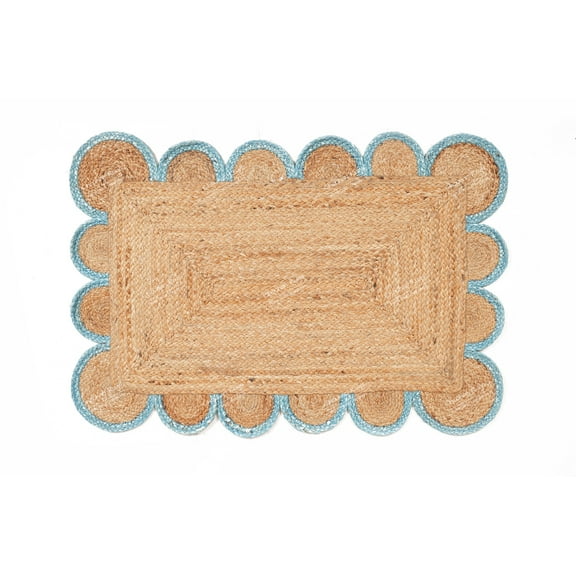 Rectangle Rug Natural Jute Rug Hand Braided Beige and Light Sky Blue Color Area Rug