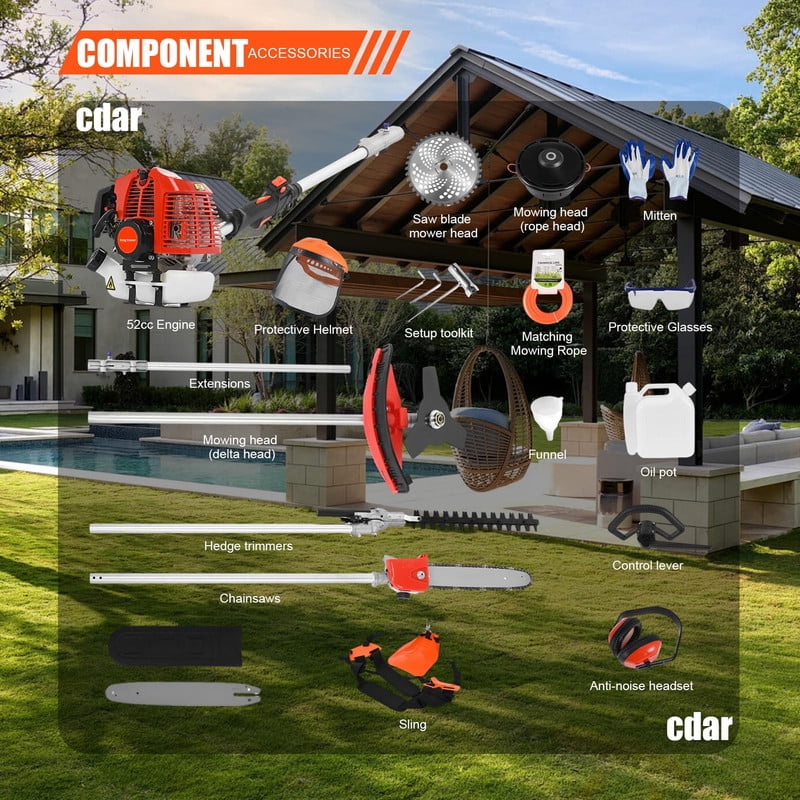 Floseru Powerful Gas String Trimmer,Full Functioning Guard Accessories Hedge Trimmer String Trimmers Lawn Mower 52CC Petrol Hedge Trimmer Chainsaw Brush Cutter