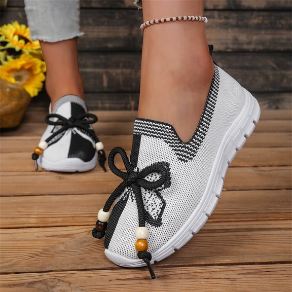 Domuza Women Color Block Jacquard Knit Slip On Walking Shoes, Beaded Bow Decor Breathable Mesh Lightweight Non Slip Casual Sneakers for Daily Commuting Shopping Black 8(EU-40)