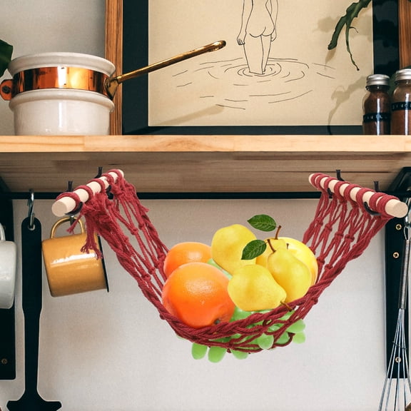 CRILSTYLEO Red Hanging Fruit Basket Organizer with Cotton Rope, Space-Saving Kitchen Storage for Small Areas, 1 Set