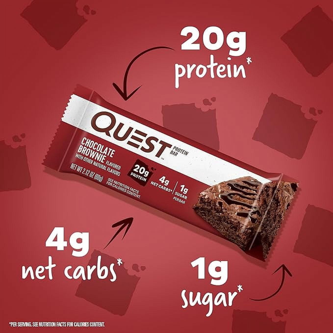 Quest Nutrition Chocolate Brownie Protein Bars, 20g Protein, 4g Net Carbs, 1g Sugar, Gluten Free, Keto Friendly, 4 Count