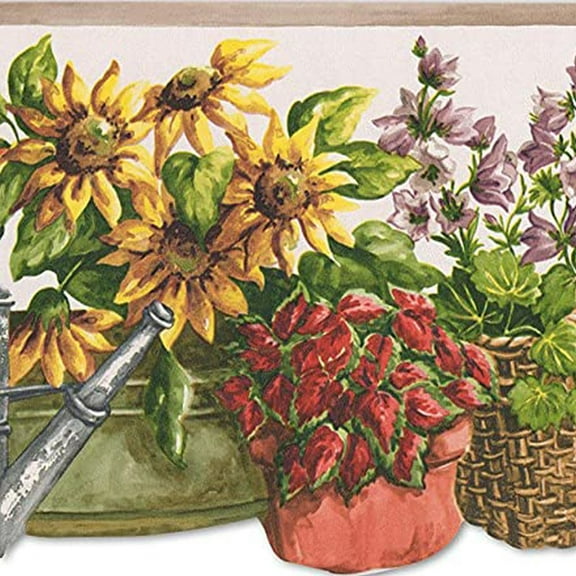 Concord Wallcoverings Prepasted Wallpaper Border Classic Floral Pattern Red Orange and Purple Flowers in The Pots, Size 7 Inches by 15 Feet KL76984DC