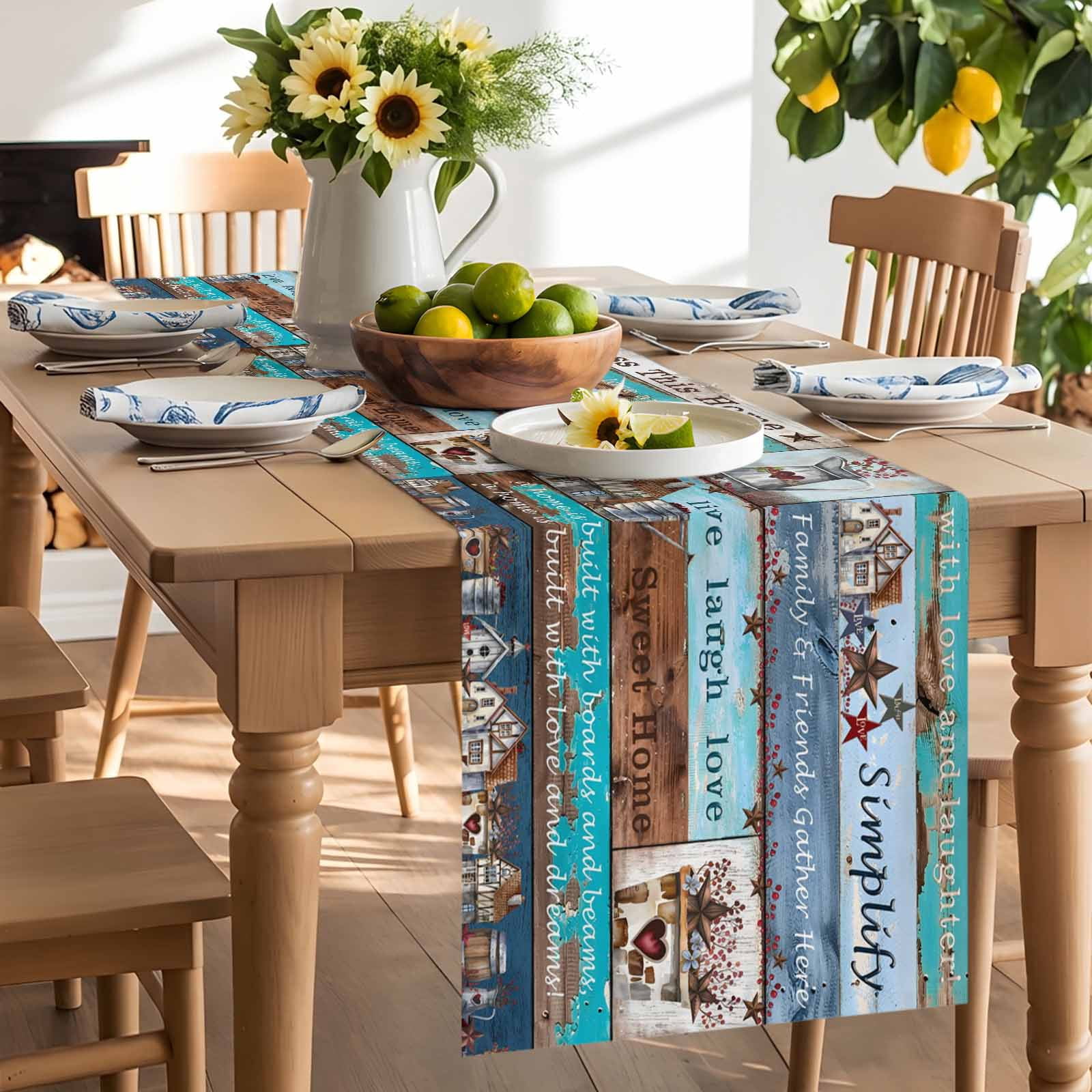 Star Bless This Home Star Table Runner 90 Inches Long, Vintage Watercolor Farm Wood Grain Table Runners Tabletop Scarf Kitchen Dining Tables Decoration for Home Party Indoor Outdoor