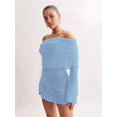 thumbnail image 4 of Women'S Off Shoulder Mini Skirt Bodycon Long Sleeve Crochet Out Going Mesh Elegant Sweater Dress Light Blue M, 4 of 5