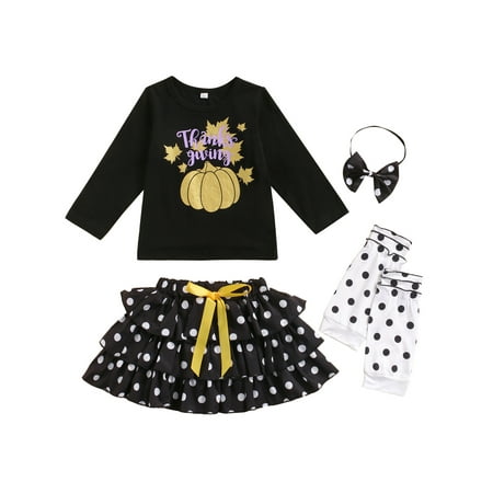 

Canrulo 4PCS Toddler Infant Baby Girl Thanksgiving Day Pumpkin Letter print Long Sleeve Tops Bust Skirt Black 4-5 Years