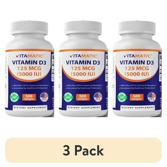(3 pack) Vitamatic Vitamin D3 5000 IU (125 mcg) - 500 Softgels (Olive Oil Based) - 500 Days Supply - for Healthy Muscle Function, and Immune Support, Non-GMO, Gluten Free in Cold-Pressed Mini Softgels