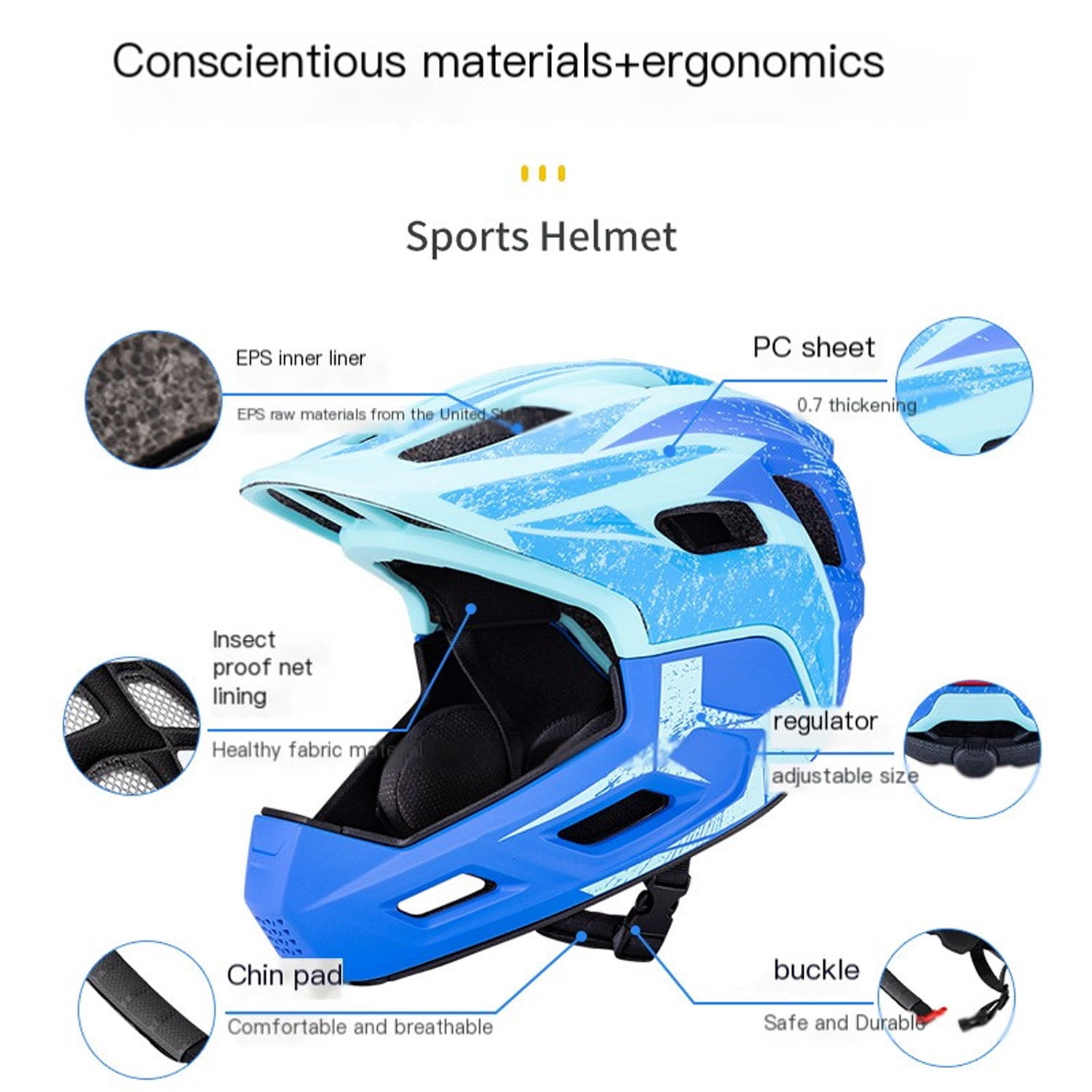 Mirov Children's Full-Face Helmet, Adjustable Toddler Helmet with Removable Chin Guard ( Blue, S 51-54CM）