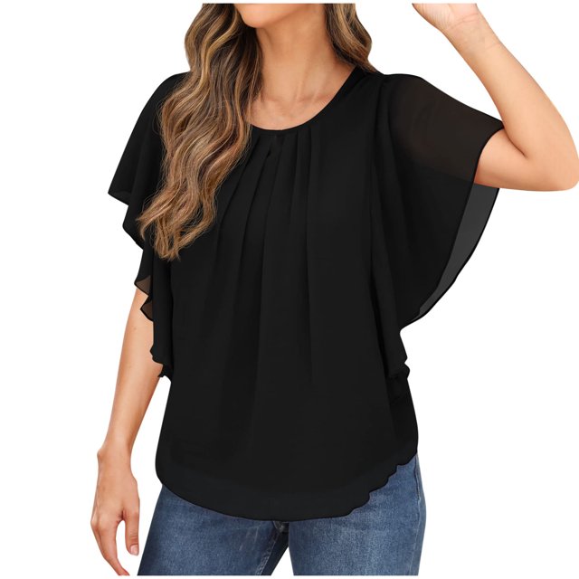 Qixing Summer Casual Loose Round Neck Chiffon Flowy Tops Blouses for Women