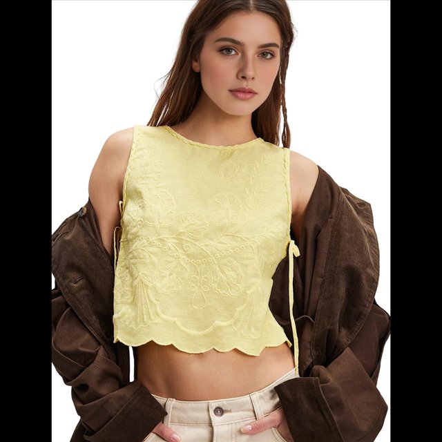 Camisetas Sin Mangas para Mujer Y2K, Cuello Cuadrado, Sin Mangas, con Lazo, Blusa Corta de Verano Elegante para Salir. Amarillo M