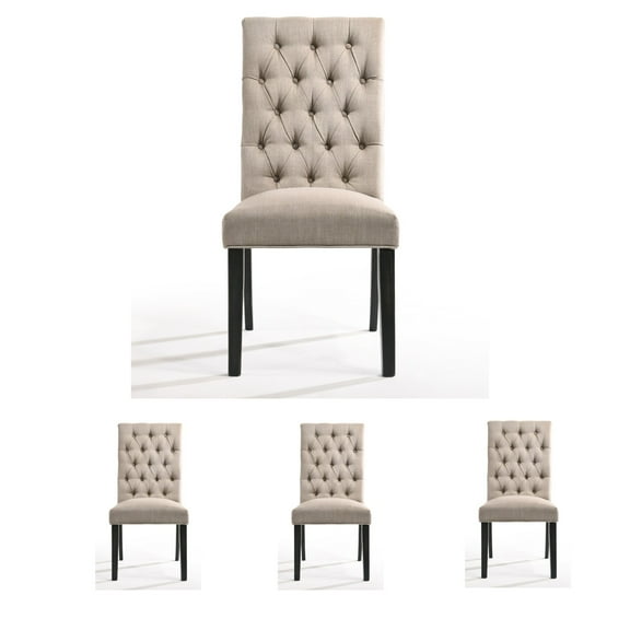 Set of 4 Linen & Vintage Finish Side Chair, Modern Farmhouse Kitchen Dining Room Chair, Solid Wood Fabric Upholstered Seat Back Chairs (Beige)