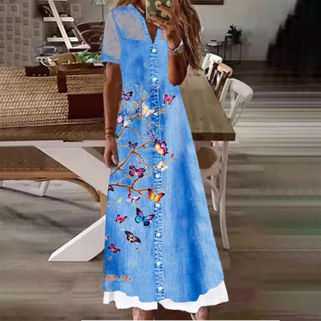 WILLBEST Robe Chat Femme Mode Col en V Manches Courtes Dentelle Patchwork Boutons Poche Longue Robe en Denim