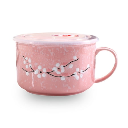 

800ml Japanese Ceramic Instant Noodle Bowl Porcelain Cup Shape Soup Bowl With Lid And Handle Ramen Bowl Cereal Bowl For Dormitory Office Home Microwave Safe-pink-800ml/28oz