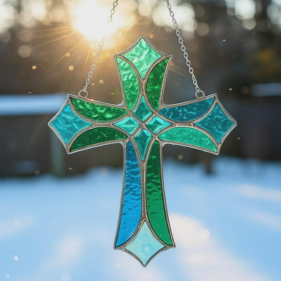 Real Wavy Acrylic Cross Window Hanging Ornament â€“ Blue And Green Christian Faith Decor Handmade Religious Suncatcher Gift For Mom Or Her
