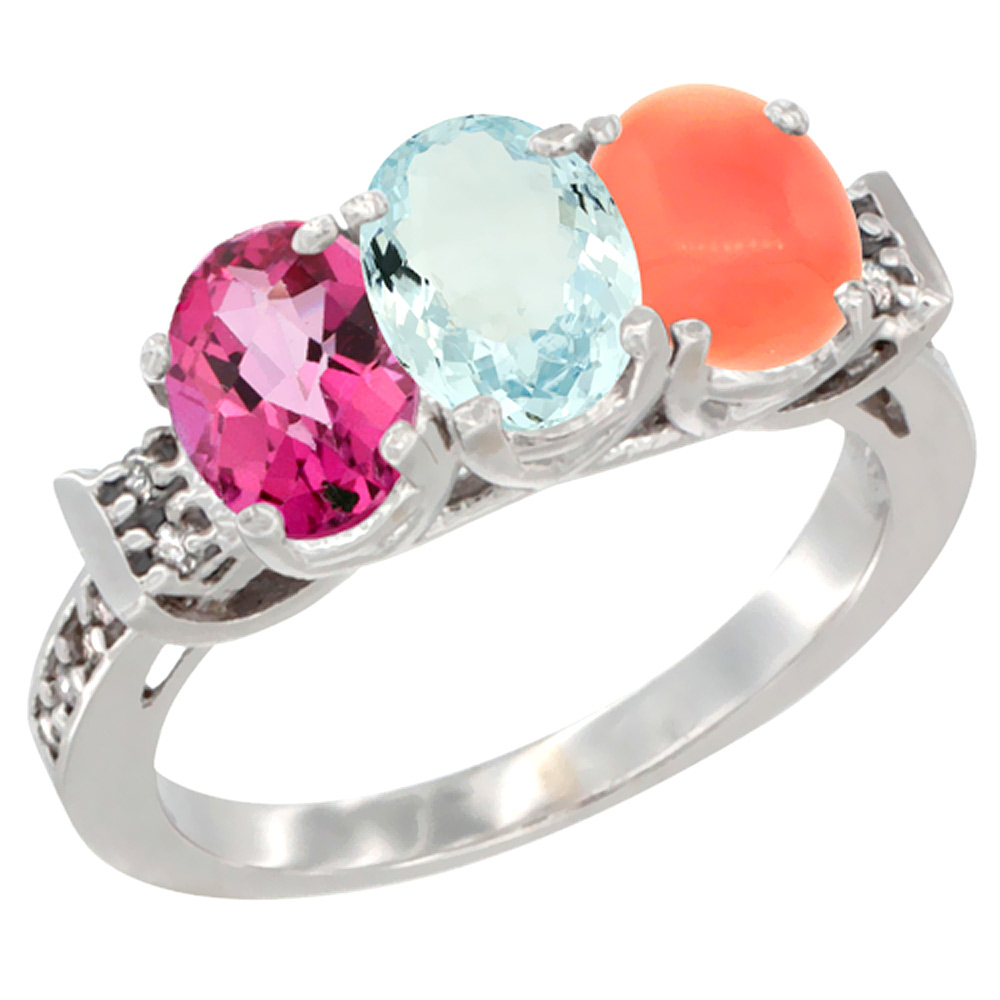 10K White Gold Natural Pink Topaz, Aquamarine & Coral Ring 3-Stone Oval 7x5 mm Diamond Accent, sizes 5 10 by WorldJewels