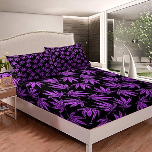 Feelyou Leaf Bed Sheets Cans Leaves Sheet Set For Kids Women S Weed Purple Bedding Botanical Fitted Room Decor 3pcs Queen Size Black Com Feelyou Leaf Bed Sheets, Pot Leaf Bed Set Queen