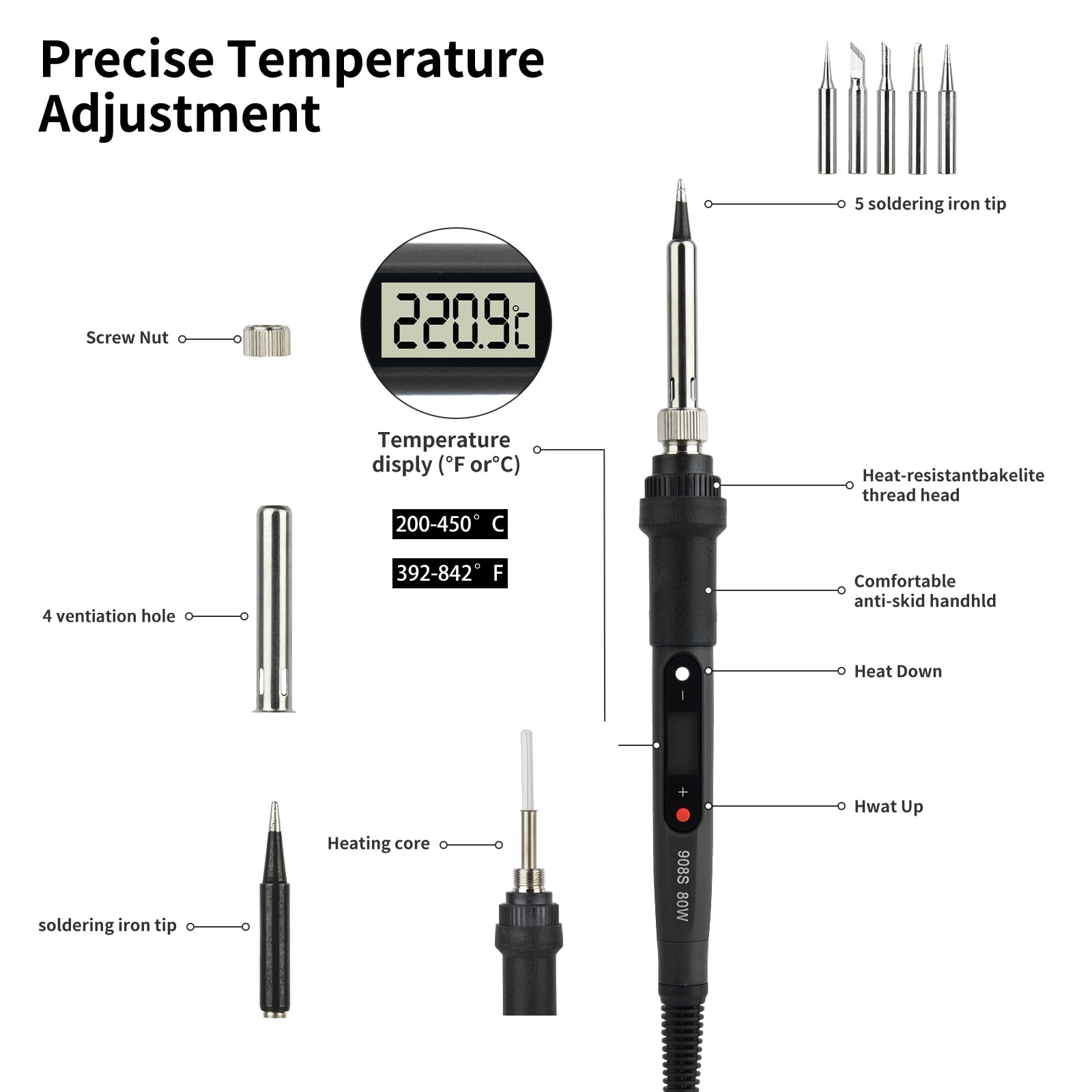 18 Pcs Soldering Iron Kit, 80W Adjustable Temperature Digital Display Repair Soldering Tool, Electronic Circuit Board Precision Welding Small Tool Kit, Black