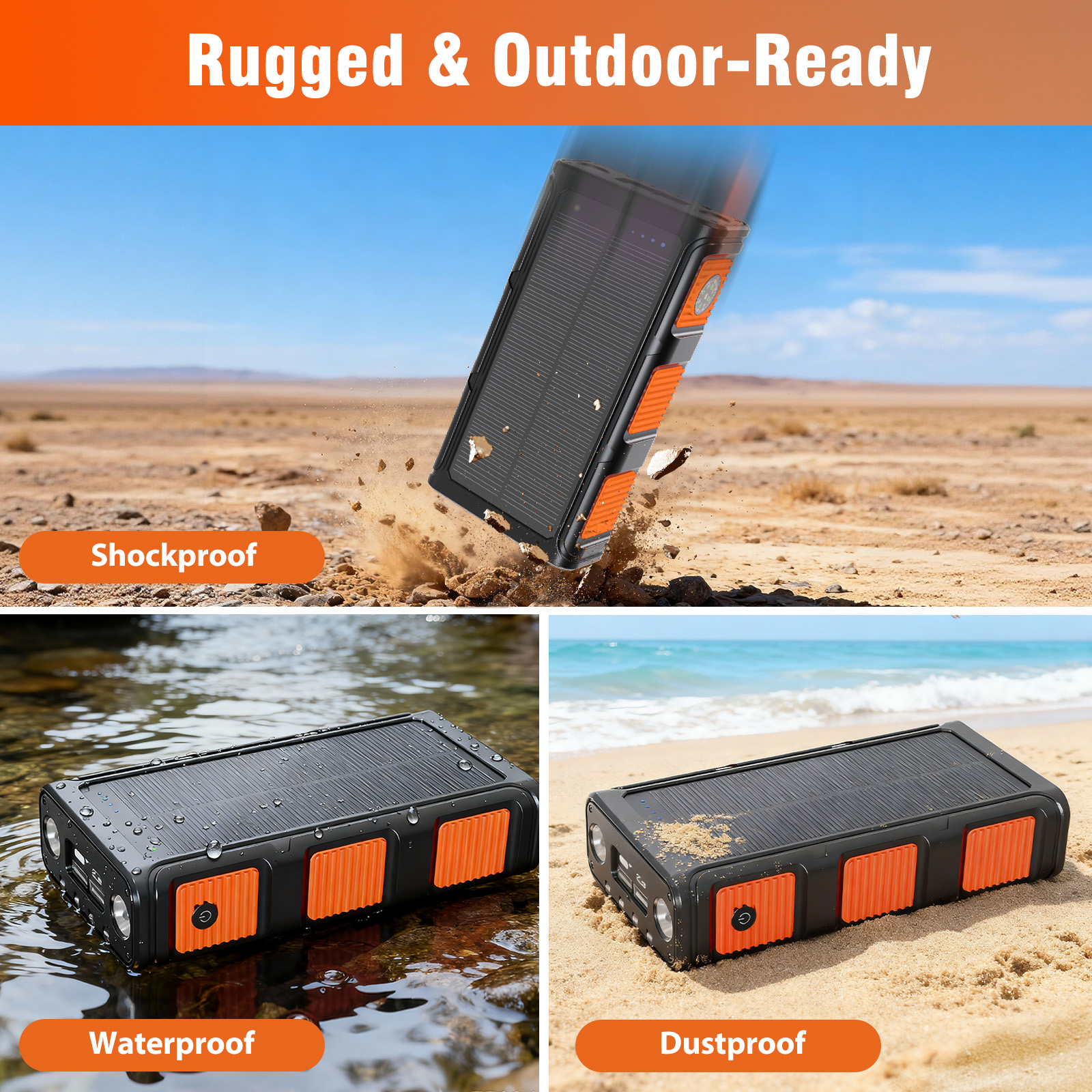 Power Bank Wireless Charger 68800mAh Built in Hand Crank and 4 Cables 15W Fast Charging Power Bank 7 Outputs & 4 Inputs Solar Portable Charger, SOS/Strobe/Strong Flashlights, Compass(Orange)