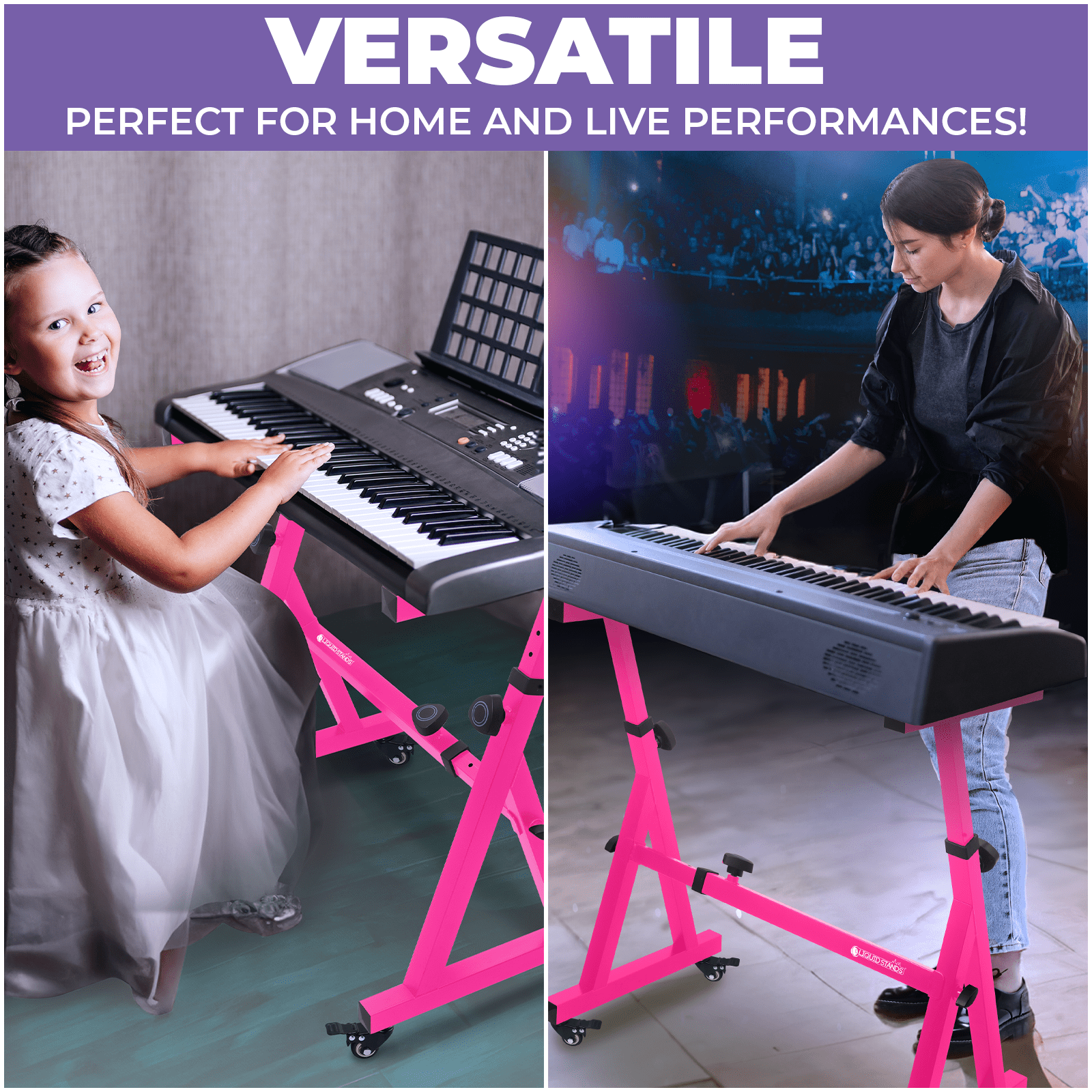 Liquid Stands Piano Keyboard Stand w/ Wheels - Z Style Adjustable and Portable Heavy Duty Music Stand for Kids and Adults - Fits 54-88 Key Electric Pianos - Sturdy Rolling Musical Keyboard Stand Pink