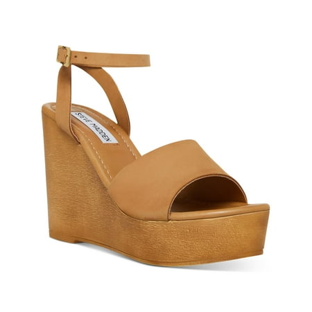 STEVE MADDEN Womens Beige 1-1/2" Platform Ankle Strap Padded Welsh Round Toe Wedge Buckle Leather Heeled Sandal 8.5 M