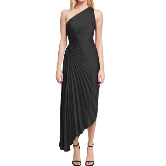 Vestido de noche de satén con un hombro descubierto, volantes y aberturas, cintura plisada en color liso, para fiestas y bodas, XS-XL