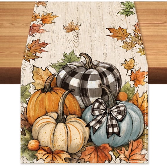 Fall Pumpkin Blessed Table Runner Farmhouse Burlap Table Runners, Autumn Harvest Thanksgiving Seasonal Coffee Table Center Decor for Home Kitchen Dining Party Indoor Outdoor 13x72 Inch