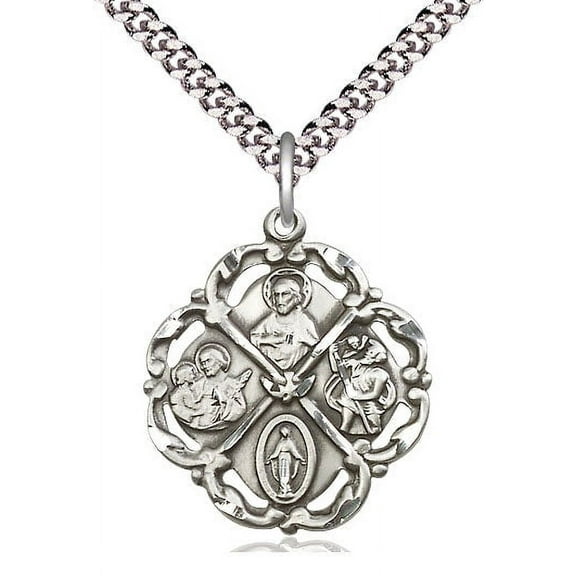 Extel Large Pewter Traditional Catholic 5-Way Cross Cruciform Pendant with 24" chain with Miraculous Medal, St. Joseph, St. Christopher and Sacred Heart, Made in USA