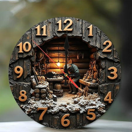 Craftsman Cabin Wooden Wall Clock 2D Scene 10-Inch Silent Wooden Wall Clock, Battery Operated (AA Batteries Not Included), Artistic Home Decor