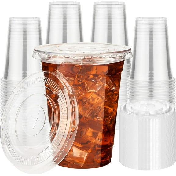 16 oz 100 Pack Disposable Iced Coffee Cups with Lids, Clear Plastic Cold Crystal Drink Cup for Party