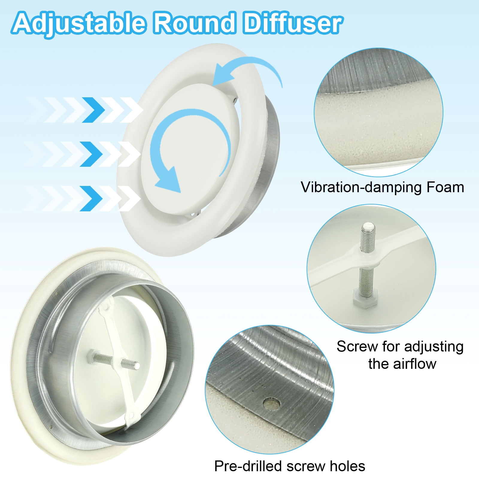 Uxcell Round Ceiling Diffuser Metal Adjustable Wall Air Vent Diffuser Vent Duct Cover Exhaust Supply 6 Inch White