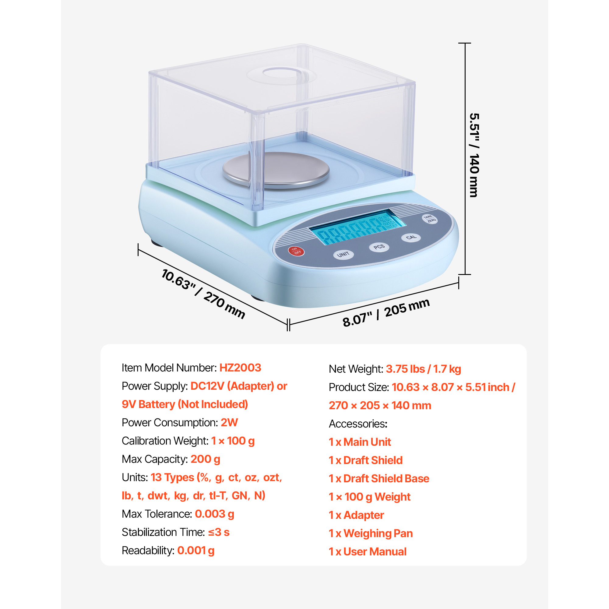KFFKFF Analytical Balance, 200 g x 0.001 g, Precision Lab Scale with 13 Measurement Units, Digital Electronic Scale with Glass Draft Shield and Weighing Pan, Suitable for Laboratory, Jewelry