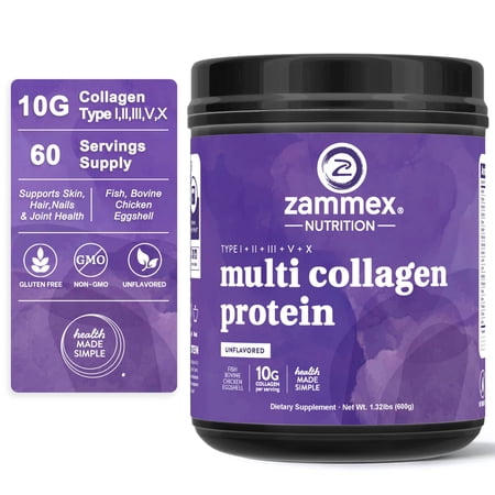 Zammex Multi Collagen Peptides Powder, 1.32lb, Unflavored Hydrolyzed Collagen Protein Powder for Skin & Joints, 60 Servings