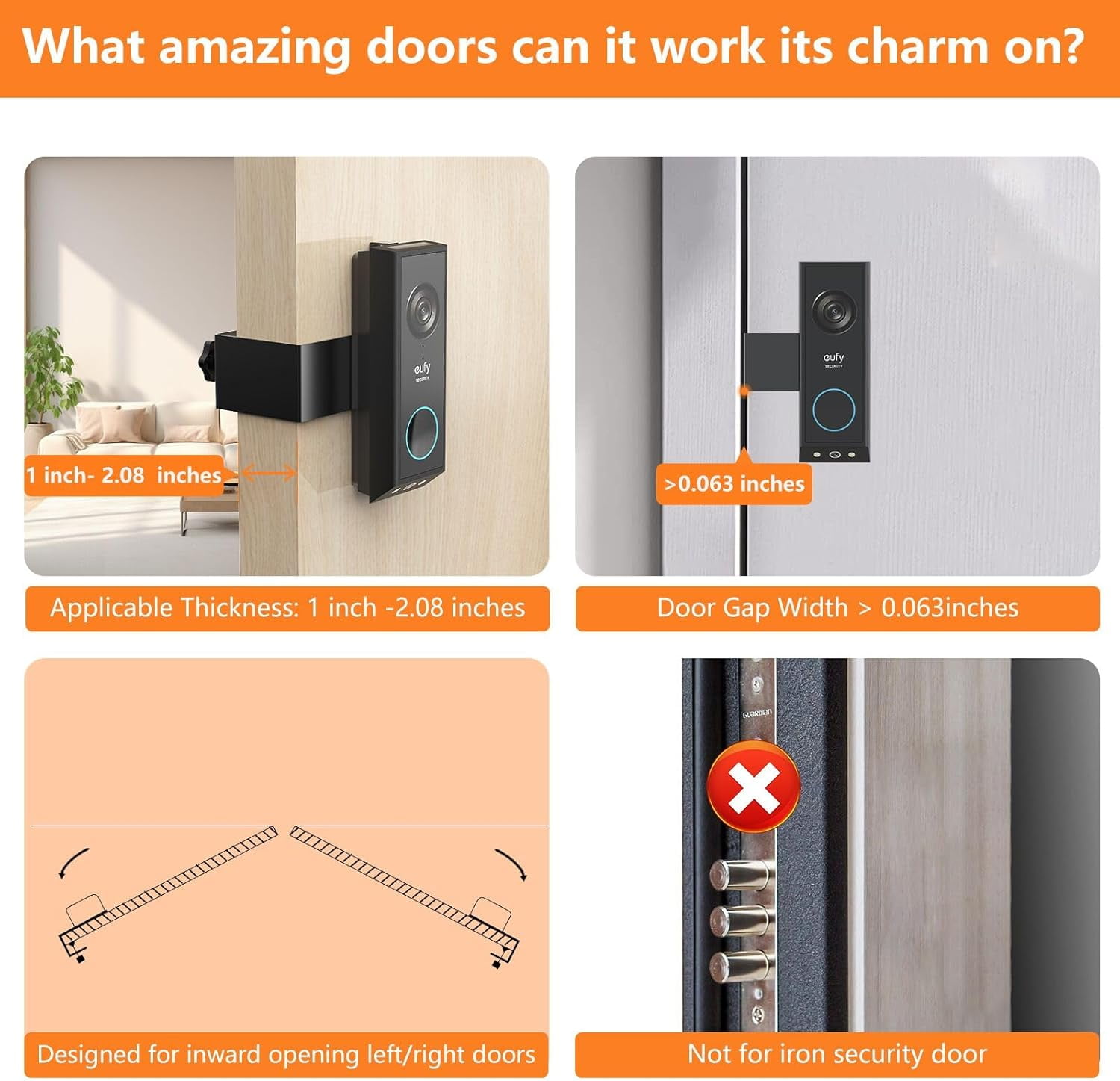 Anti-Theft Door Mount for Eufy E340, No-Drill Adjustable Mounting Bracket with Eufy Doorbell E340, Not Blocking Doorbell Sensor, Apartment Door Bell Kits for Renters, Black