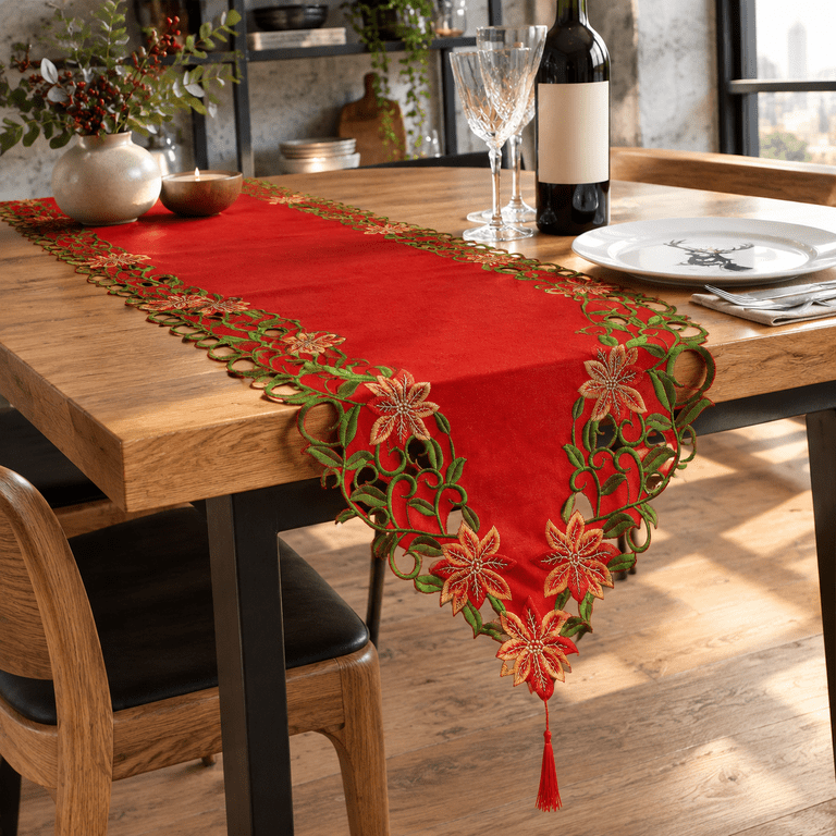 Embroidered Polyester Table Runner 15x69 Inch Green Leaves Holiday ...