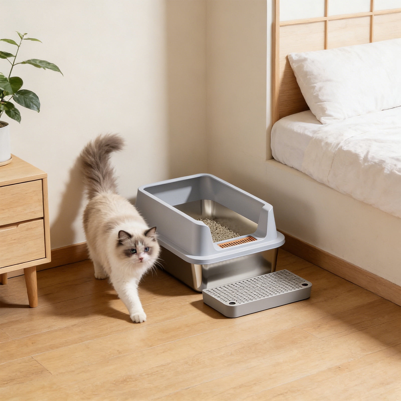 Stainless Steel High Sided Litter Box For Cats, Odor Resistant Easy Clean Pet Toilet With Step Platform And Scoop, Durable Cat Litter Tray Solution