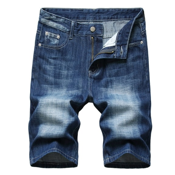 WREESH Men's Casual Denim Shorts High-End Ripped Personality Camouflage Stitching Trend Shorts Dark Blue