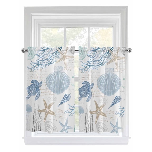 Tier Curtains 45 Inches Long, Blue Coastal Nautical Window Treatment Curtain Drapes, Beach Sea Turtle Ocean Coral Starfish Window Half Privacy Curtains for Bedroom Bathroom, 42"x45", 2 Panels