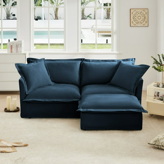 83.4" W Oversized Chenille Loveseat with Ottoman, 77" Wide Deep Seat Upholstered Sofa Couch with Washable Covers for Living Room or Small Apartment,Blue