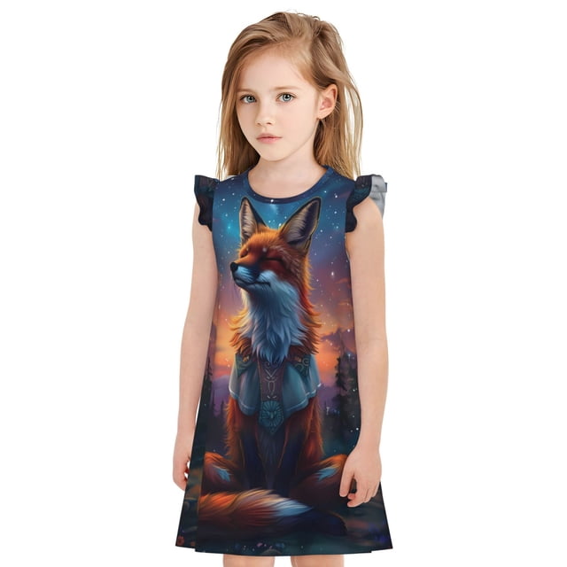 Balery Starry Sky Meditating Fox Camisón de princesa para niñas, pijama de algodón con mangas abullonadas, suave y bonito.-Large