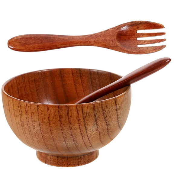 1 Set of Wooden Salad Bowl Food-grade Wooden Serving Bowl Portable Wooden Bowl with Fork Spoon