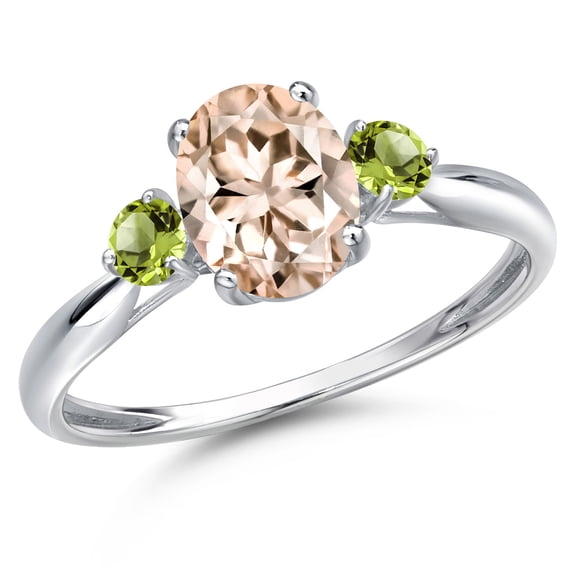 Gem Stone King 10K White Gold Peach Morganite and Green Peridot 3-Stone Ring for Women | 1.24 Cttw | Oval 8X6MM | Gemstone October Birthstone | Size 7