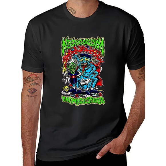 Nekrogoblikon Merch Men'S Heavy Metal Graphic Black Band Tee with Neon Green & Red Accents Printed pattern short-sleeved shirt