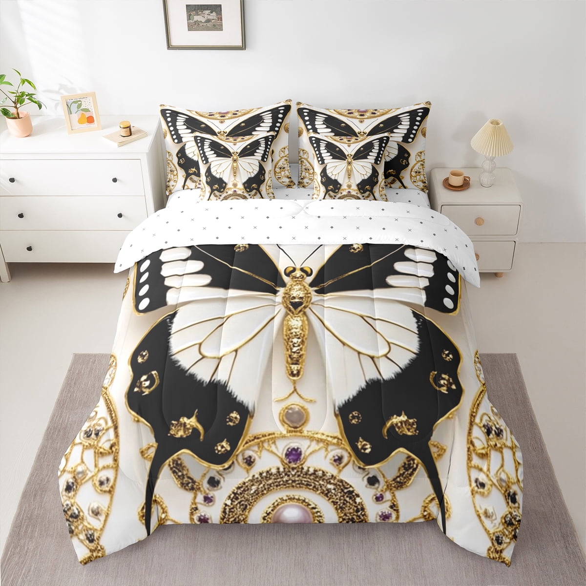 Homewish Black White Butterfly Girl 7-Piece Bedding Comforter Set,Exotic Style King Bedding Sets,Dreamy Princess Ultra Soft Bed Sheets,Luxury Bedroom Decor,Reversible