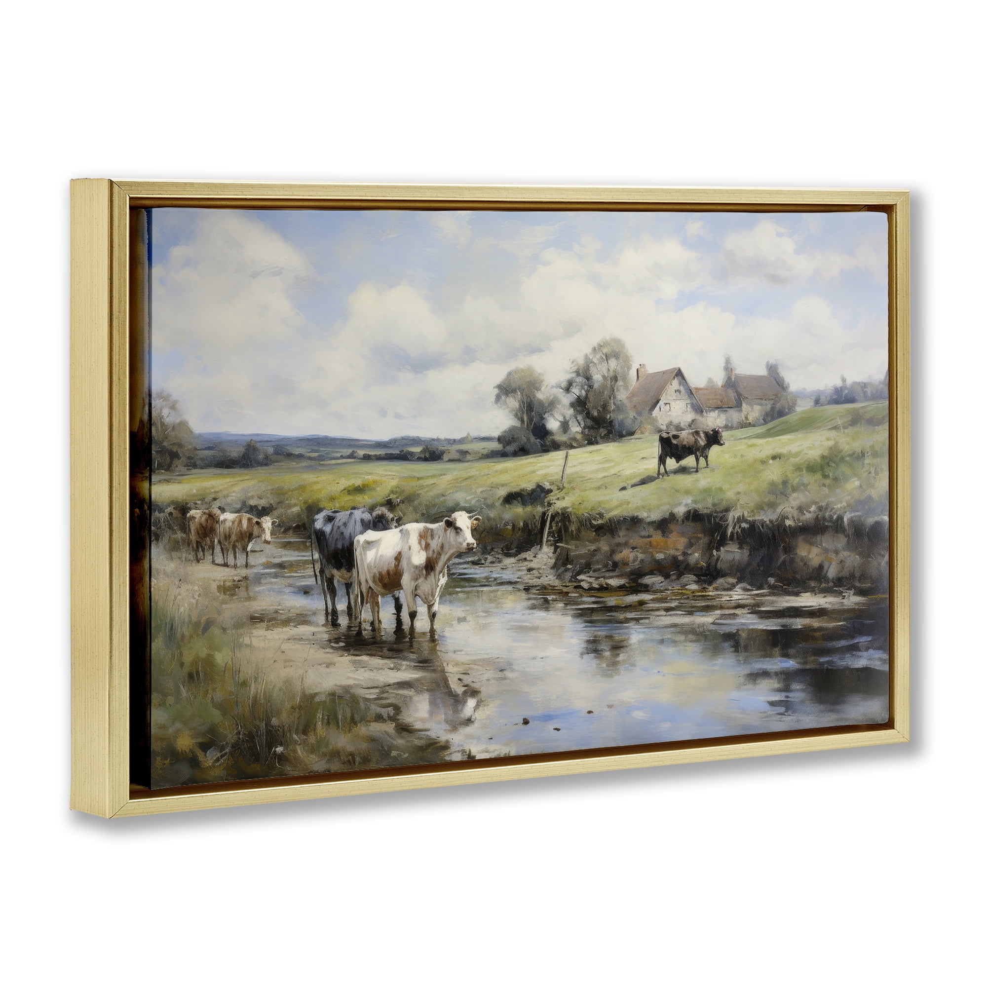Stupell Industries Free Roaming Cattle Landscape & Nature Painting Gold Floater Framed Canvas Art Print Wall Art, 31 x 21