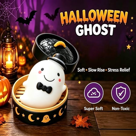 Halloween Ghost Squeezer with Hat Bow Cute Slow Rising Sensory Toy Kawaii Desk Ornament Party Prop Halloween Holiday Gift