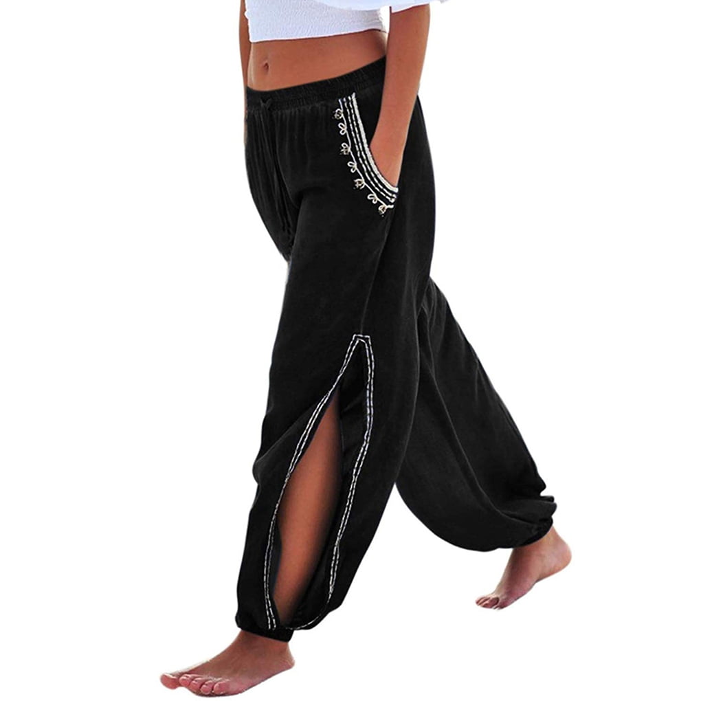 babydream1 Women Summer Drawstring Harem Pants Side Split Jogger Trousers with 2 Pockets 