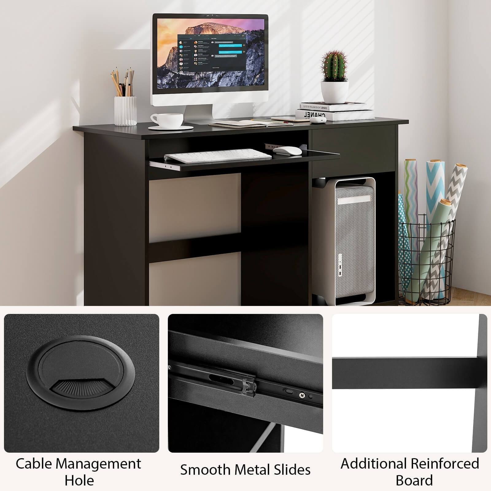 Costway Computer Desk Home Office Workstation Study Laptop Table with Keyboard Tray Drawer Black