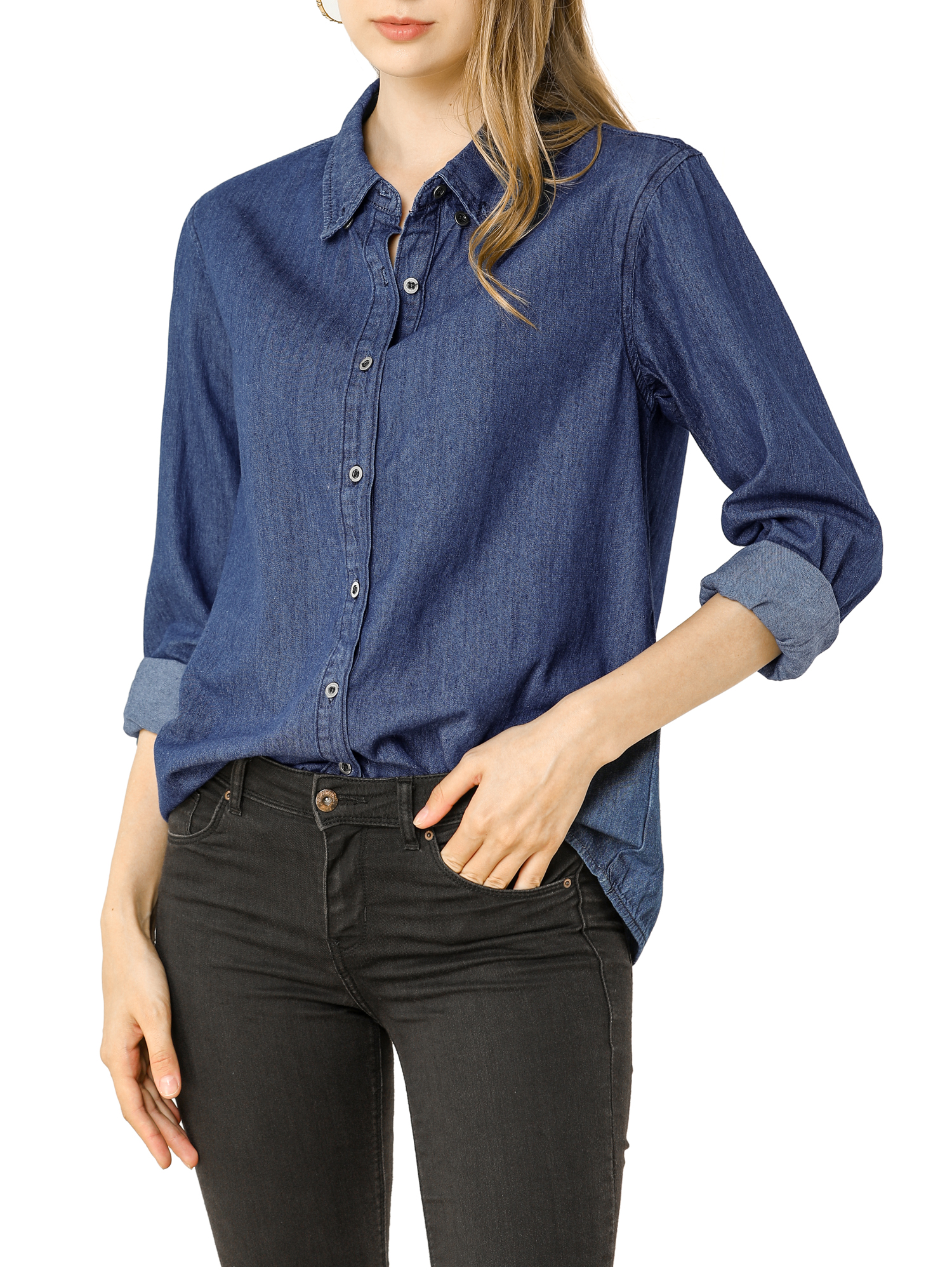 MODA NOVA Junior's Classic Long Sleeve Loose Button Bown Denim Shirt Dark Blue L - image 6 of 6